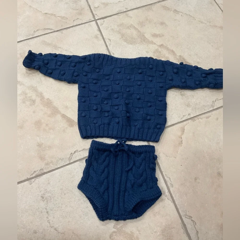Kalinka Blue Knit Sweater and Shorts Set for Kids